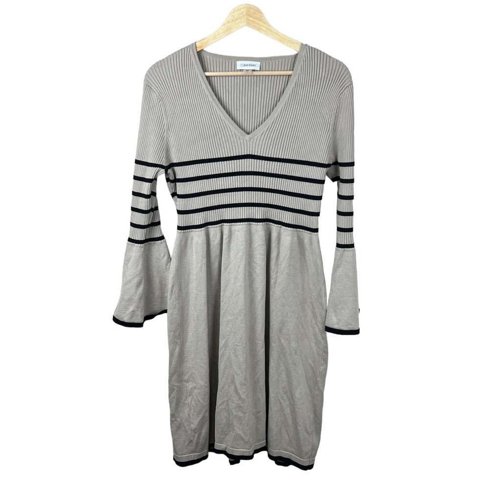 Calvin Klein Womens L Sweater Dress Taupe Grey Striped Bell Sleeve V-Neck Knit